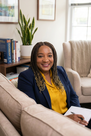 Tanya L. Miller seated with a notebook, ready for a session